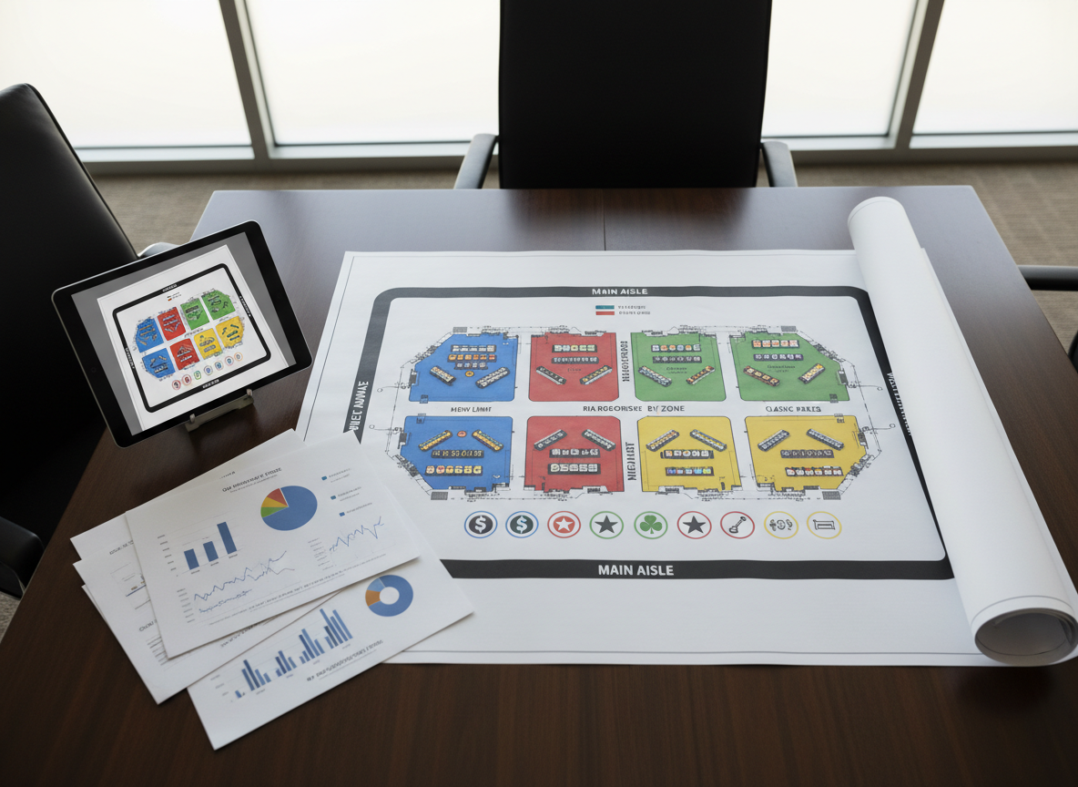 A meticulously organized slot floor blueprint spread across a dark walnut conference table, featuring color-coded zones, clearly marked aisles, and icons for different slot machine categories. Nearby, a slim silver tablet shows a 3D render of the same slot floor, and a few neatly stacked reports display charts and key performance indicators on their covers. Soft, indirect daylight from a nearby frosted-glass window washes the scene, creating gentle highlights on the tablet’s screen and subtle shadows along the blueprint folds. Photographic realism, shot from a slightly elevated top-down angle, clean and modern aesthetic, evoking strategic planning and best-practice consulting.