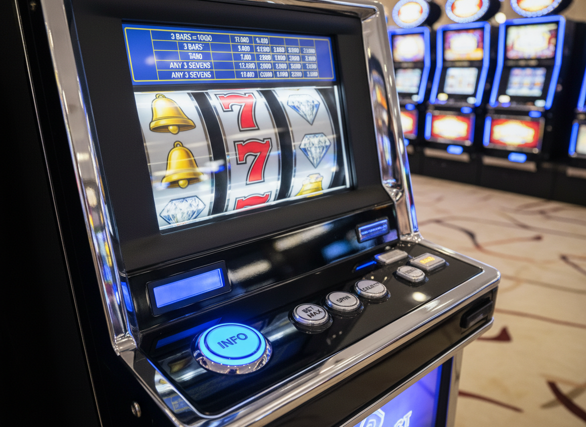 A close-up of a premium slot machine control panel with high-resolution reels frozen mid-spin, highlighting crisp symbols, clearly legible payout information, and an illuminated ‘info’ button. The cabinet’s glossy black finish and chrome trim reflect surrounding lights in a subtle, controlled way. In the softly blurred background, additional slot cabinets form neat rows on an immaculate casino floor. Studio-style lighting with a focused key light emphasizes the clarity of the interface and machine ergonomics, while gentle rim lighting defines the panel edges. Photographic realism, tight framing and shallow depth of field, professional and precise mood, ideal for illustrating slot experience and usability best practices.