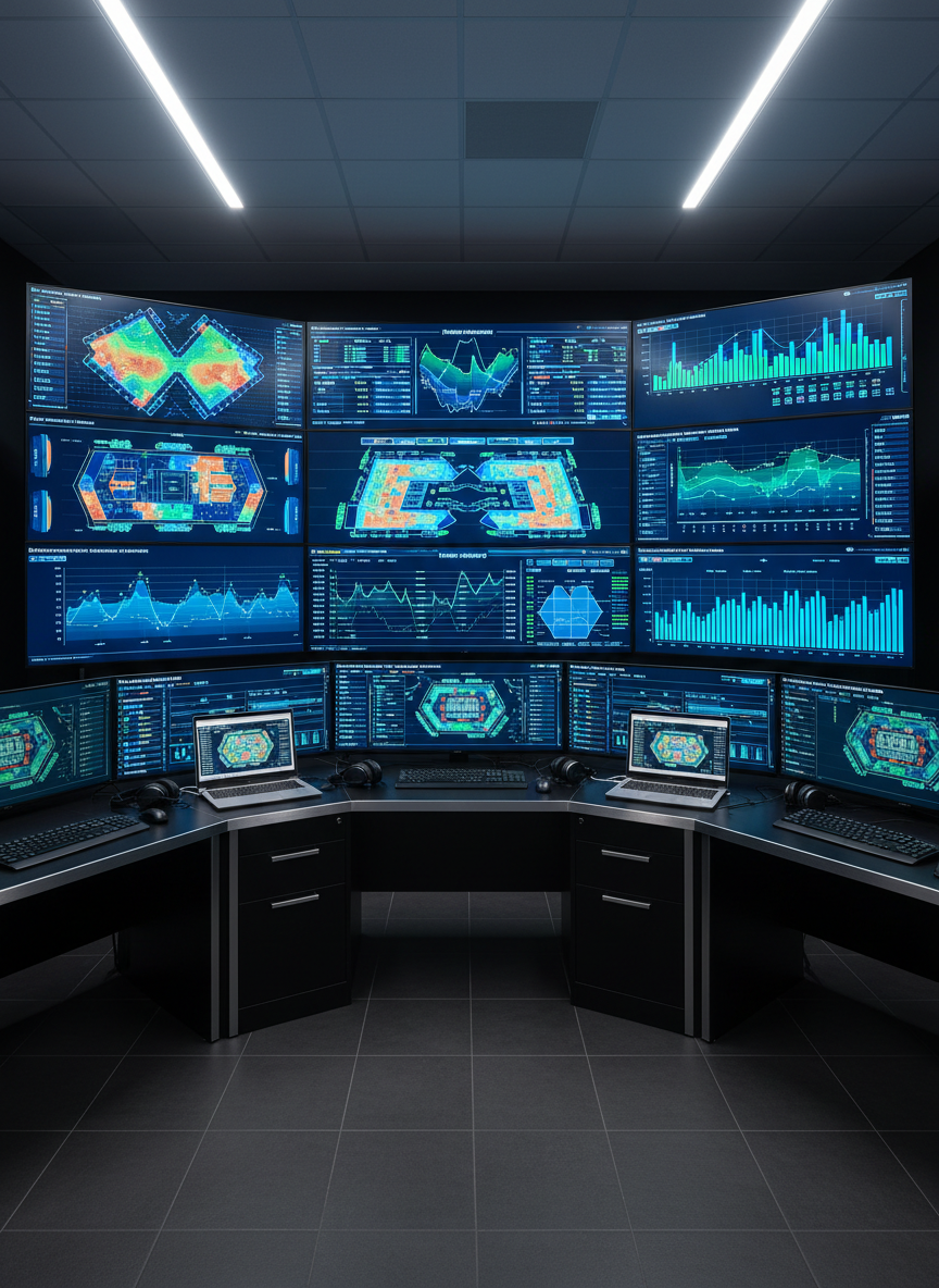 A high-end casino analytics control room without any people, featuring a large curved wall of ultra-wide monitors displaying heat maps of slot machine performance, real-time dashboards, and payout graphs in vivid blues and greens. Sleek black desks with brushed metal edges hold neatly arranged keyboards, headsets, and a single open laptop showing a detailed slot floor layout. Cool, diffused overhead LED lighting reflects softly off a polished dark floor, creating a focused and professional mood. Photographic realism, shot from a slightly elevated wide angle with sharp focus throughout, emphasizing the organized, data-driven environment that reflects strategic slot consulting expertise.