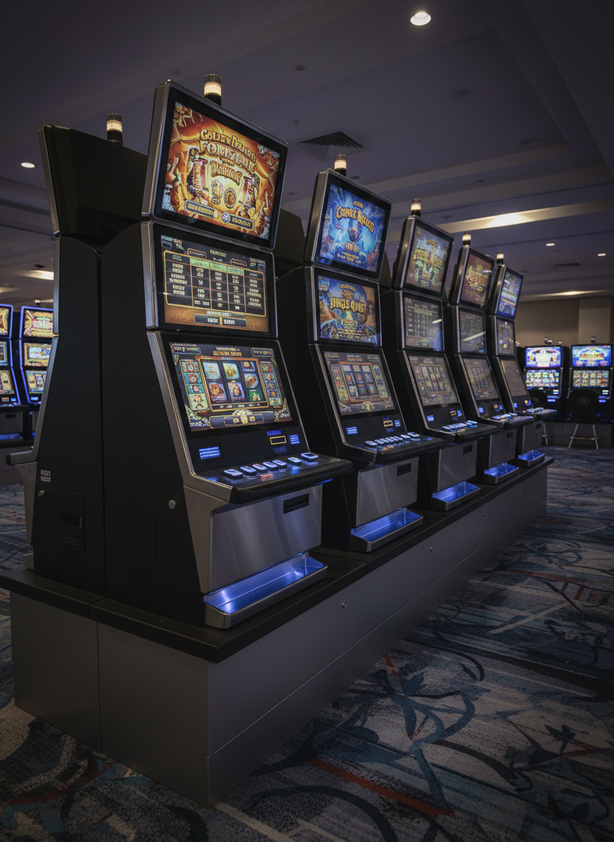 A row of modern slot machines in a quiet, closed casino floor, each cabinet powered on but unattended, showing different game themes and payout tables on crisp HD screens. The patterned carpet uses muted blues and grays, and stainless-steel machine bases have a soft brushed texture. Overhead downlights create pools of warm illumination on each machine, while the rest of the room falls into subtle, controlled shadow. Photographic realism, eye-level composition with a shallow depth of field, keeping the nearest machine’s details tack-sharp and allowing the others to softly blur, conveying a professional, analytical atmosphere focused on machine layout and performance optimization.