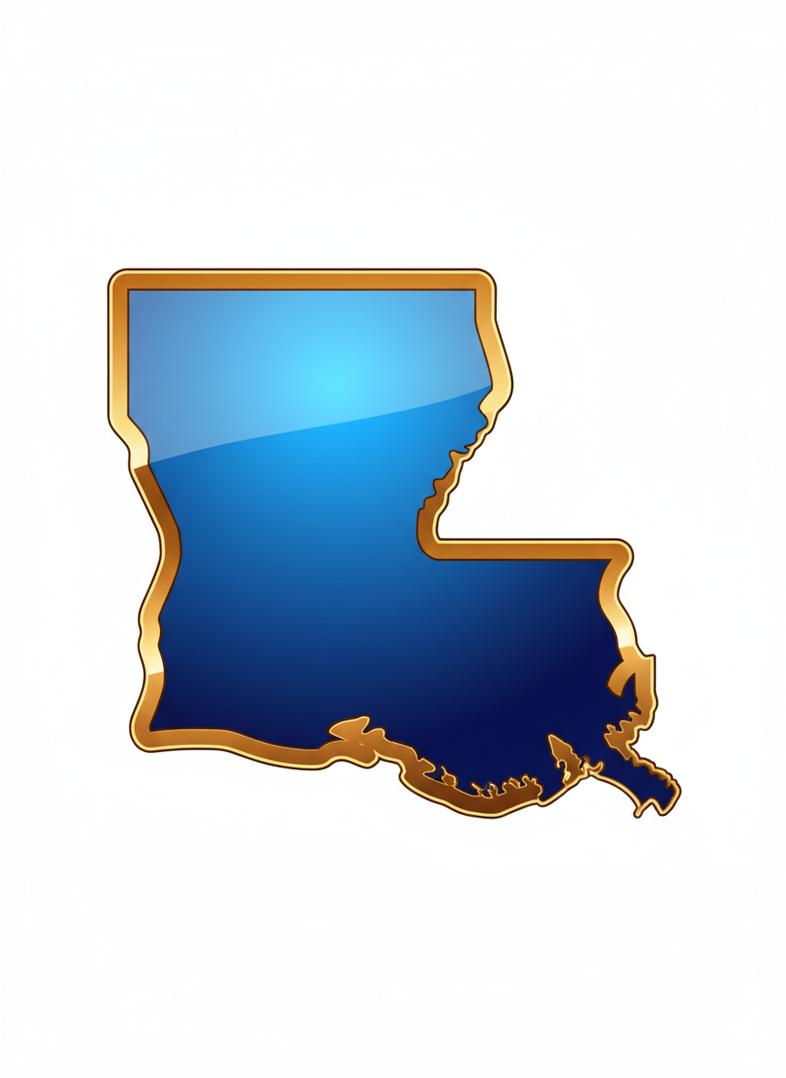 A clean, bold silhouette of the state of Louisiana filled with deep royal blue, with a crisp gold/yellow outline border around the entire state shape. The background is white. The style is flat, iconic, and professional — similar to a logo emblem. No text, no map details, just the state shape in blue with a gold outline.
