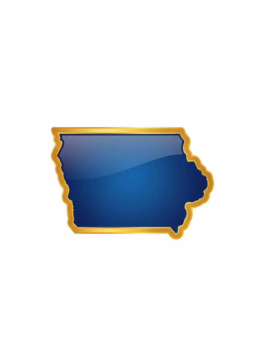 A clean, bold silhouette of the state of Iowa filled with deep royal blue, with a glossy shine and slight gradient lighter toward the center. The border/outline is a thick, rich metallic gold with a glossy sheen. Background is white. Flat, iconic, professional logo style. No text, no map details, just the Iowa state shape.