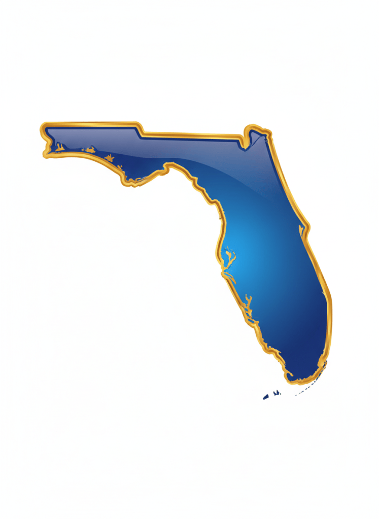 A clean, bold silhouette of the state of Florida filled with deep royal blue, with a glossy shine and slight gradient lighter toward the center. The border/outline is a thick, rich metallic gold with a glossy sheen. Background is white. Flat, iconic, professional logo style. No text, no map details, just the Florida state shape.