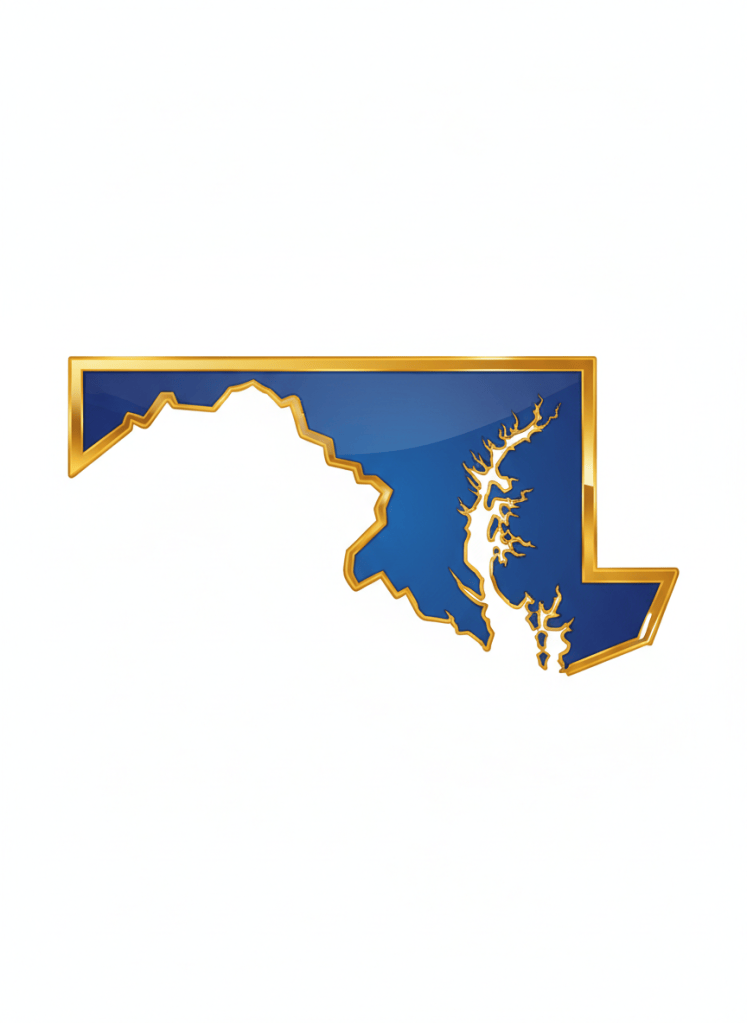 A clean, bold silhouette of the state of Maryland filled with deep royal blue, with a glossy shine and slight gradient lighter toward the center. The border/outline is a thick, rich metallic gold with a glossy sheen. Background is white. Flat, iconic, professional logo style. No text, no map details, just the Maryland state shape.