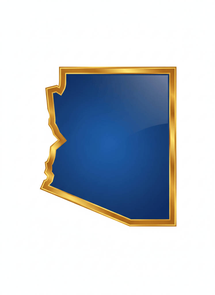 A clean bold silhouette of the state of Arizona filled with deep royal blue, glossy shine with slight gradient lighter toward center. Thick rich metallic gold border with glossy sheen. White background. Flat iconic professional logo style. No text no map details.
