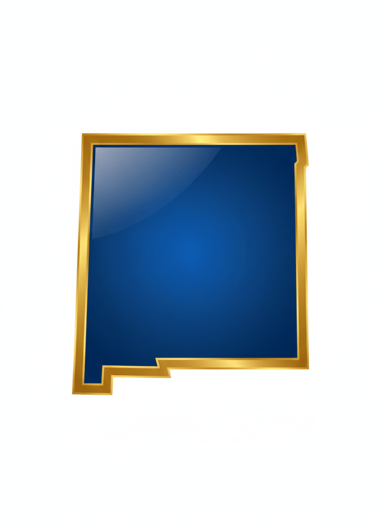 A clean bold silhouette of the state of New Mexico filled with deep royal blue, glossy shine with slight gradient lighter toward center. Thick rich metallic gold border with glossy sheen. White background. Flat iconic professional logo style. No text no map details.