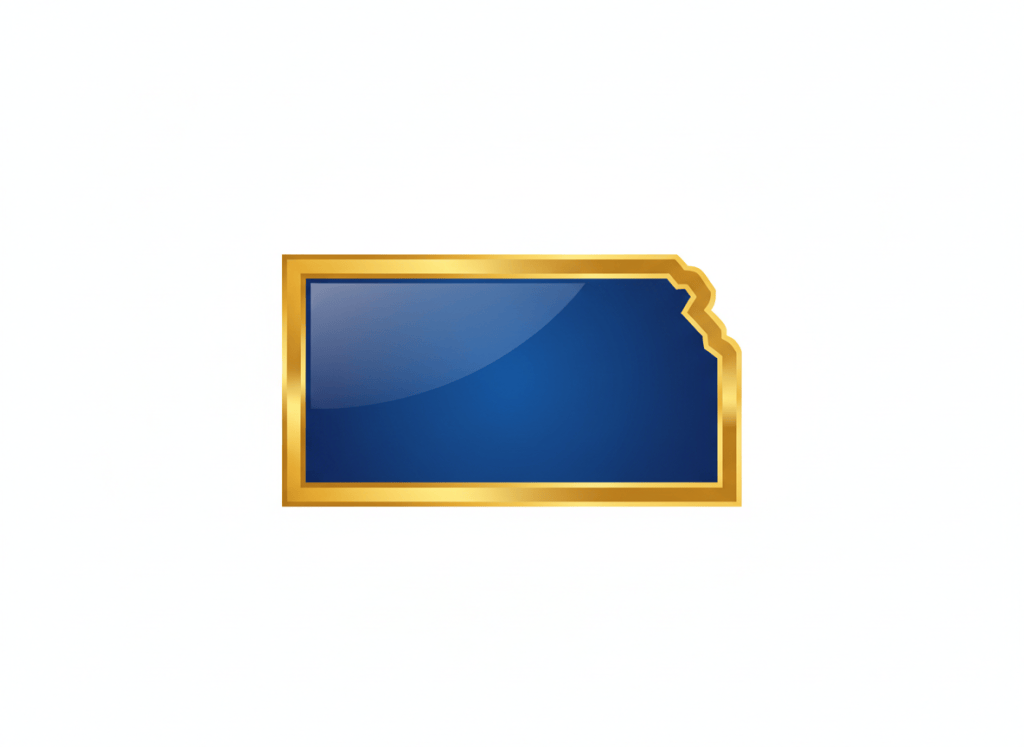 A clean bold silhouette of the state of Kansas filled with deep royal blue, glossy shine with slight gradient lighter toward center. Thick rich metallic gold border with glossy sheen. White background. Flat iconic professional logo style. No text no map details.