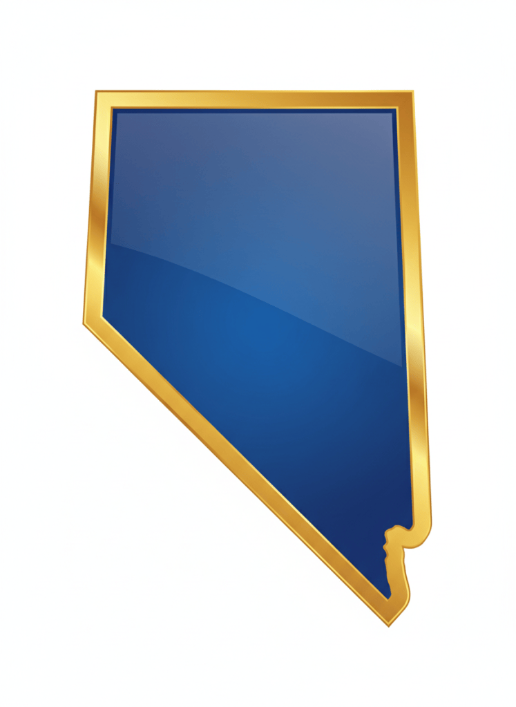 A clean bold silhouette of the state of Nevada filled with deep royal blue, glossy shine with slight gradient lighter toward center. Thick rich metallic gold border with glossy sheen. White background. Flat iconic professional logo style. No text no map details.