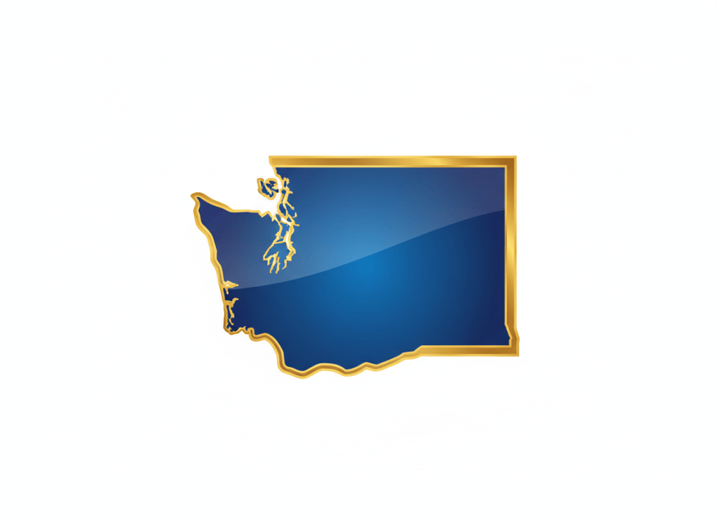 A clean bold silhouette of the state of Washington filled with deep royal blue, glossy shine with slight gradient lighter toward center. Thick rich metallic gold border with glossy sheen. White background. Flat iconic professional logo style. No text no map details.