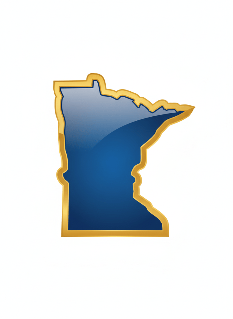 A clean bold silhouette of the state of Minnesota filled with deep royal blue, glossy shine with slight gradient lighter toward center. Thick rich metallic gold border with glossy sheen. White background. Flat iconic professional logo style. No text no map details.