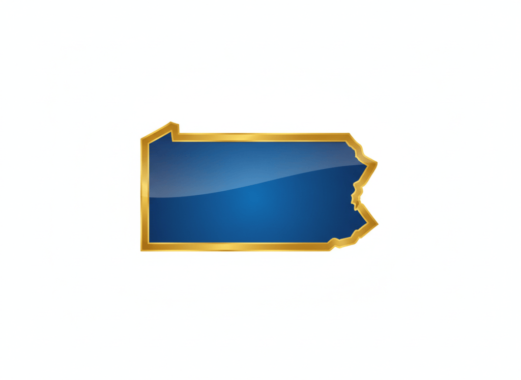 A clean bold silhouette of the state of Pennsylvania filled with deep royal blue, glossy shine with slight gradient lighter toward center. Thick rich metallic gold border with glossy sheen. White background. Flat iconic professional logo style. No text no map details.