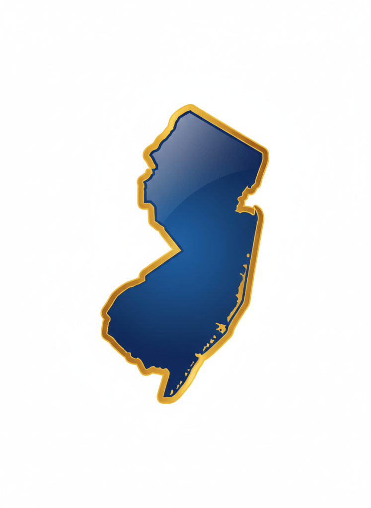 A clean bold silhouette of the state of New Jersey filled with deep royal blue, glossy shine with slight gradient lighter toward center. Thick rich metallic gold border with glossy sheen. White background. Flat iconic professional logo style. No text no map details.