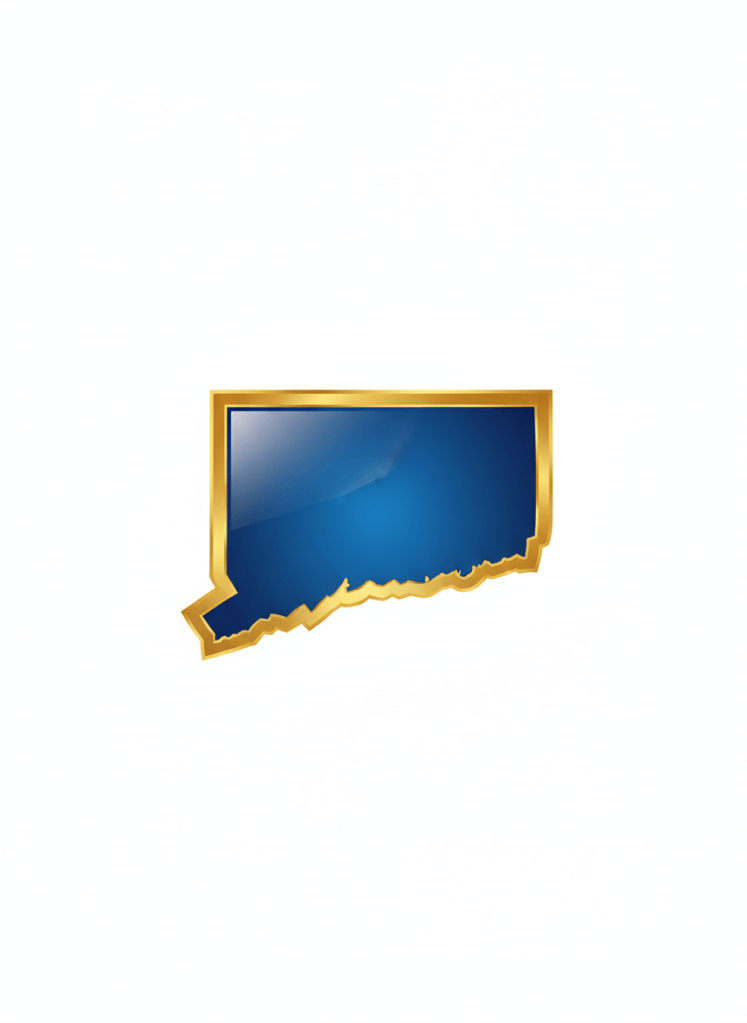A clean bold silhouette of the state of Connecticut filled with deep royal blue, glossy shine with slight gradient lighter toward center. Thick rich metallic gold border with glossy sheen. White background. Flat iconic professional logo style. No text no map details.