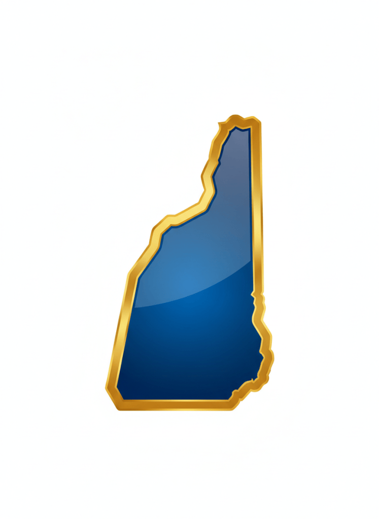 A clean bold silhouette of the state of New Hampshire filled with deep royal blue, glossy shine with slight gradient lighter toward center. Thick rich metallic gold border with glossy sheen. White background. Flat iconic professional logo style. No text no map details.