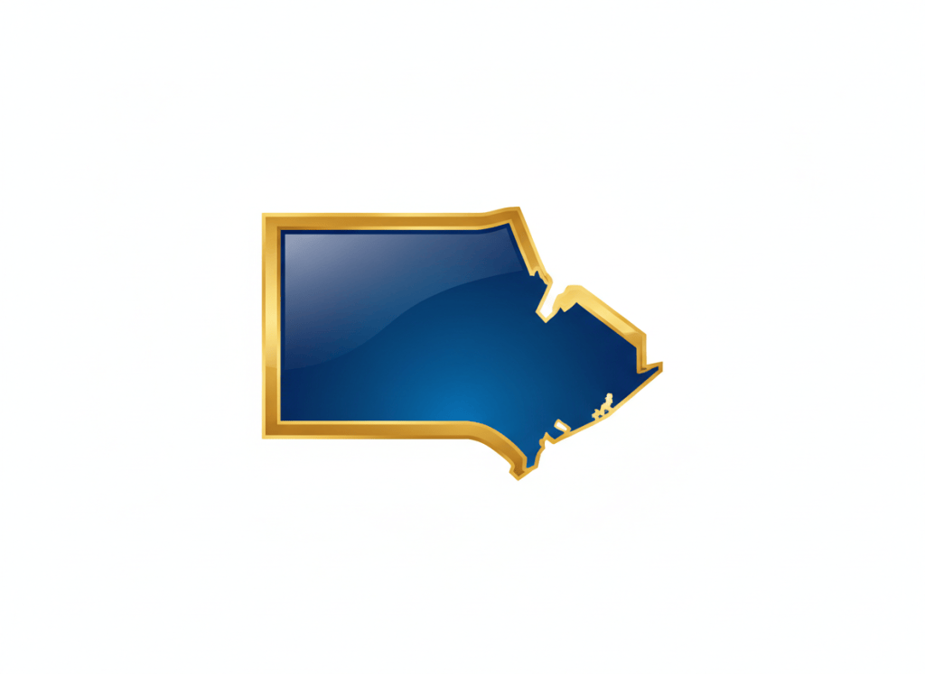 A clean bold silhouette of the Canadian province of Ontario filled with deep royal blue, glossy shine with slight gradient lighter toward center. Thick rich metallic gold border with glossy sheen. White background. Flat iconic professional logo style. No text no map details.