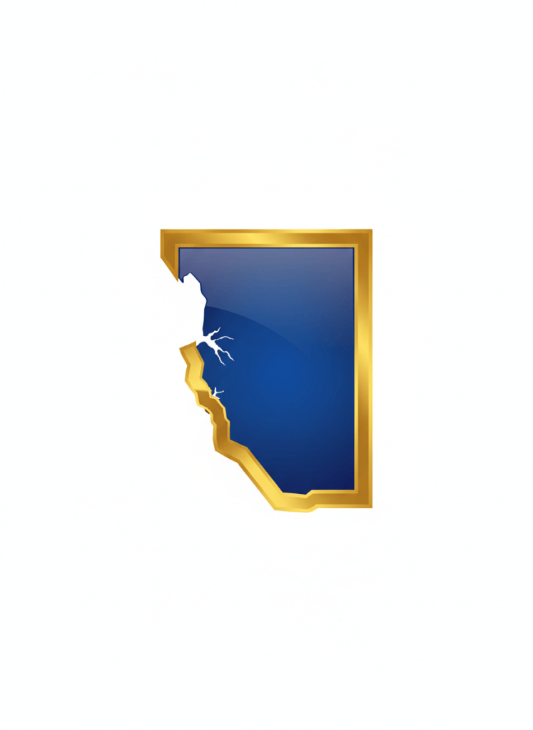 A clean bold silhouette of the Canadian province of British Columbia filled with deep royal blue, glossy shine with slight gradient lighter toward center. Thick rich metallic gold border with glossy sheen. White background. Flat iconic professional logo style. No text no map details.