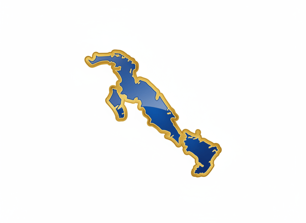 A clean bold silhouette of the islands of the Bahamas archipelago filled with deep royal blue, glossy shine with slight gradient lighter toward center. Thick rich metallic gold border with glossy sheen. White background. Flat iconic professional logo style. No text no map details.