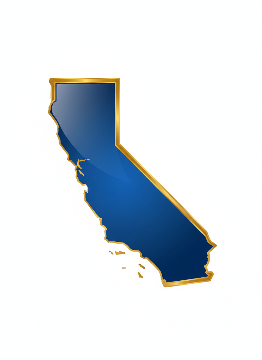 A clean bold silhouette of the state of Minnesota filled with deep royal blue, glossy shine with slight gradient lighter toward center. Thick rich metallic gold border with glossy sheen. White background. Flat iconic professional logo style. No text no map details.