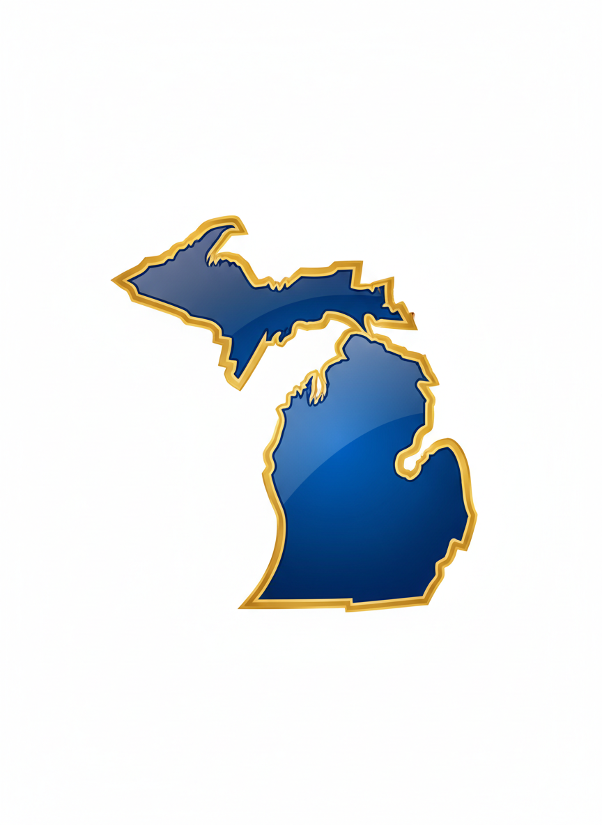 A clean bold silhouette of the state of New Hampshire filled with deep royal blue, glossy shine with slight gradient lighter toward center. Thick rich metallic gold border with glossy sheen. White background. Flat iconic professional logo style. No text no map details.