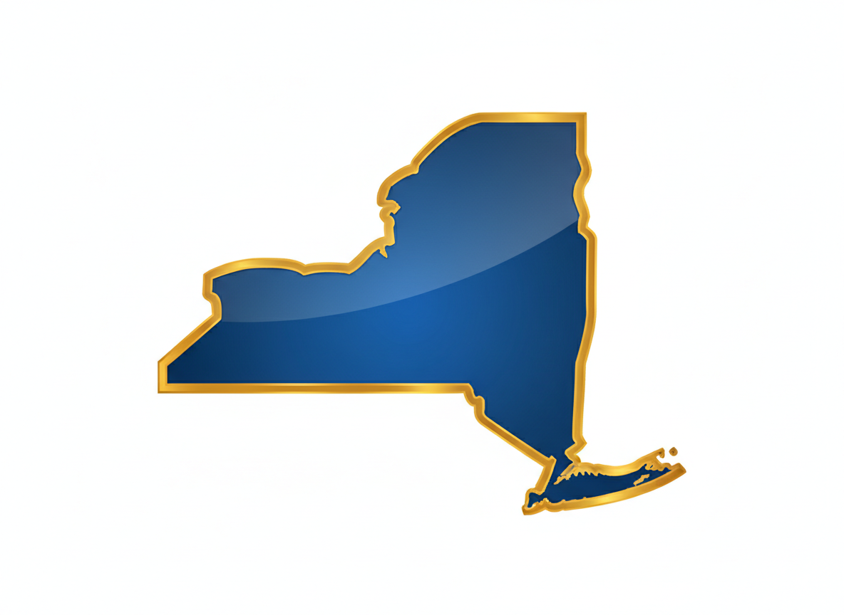 A clean bold silhouette of the state of New York filled with deep royal blue, glossy shine with slight gradient lighter toward center. Thick rich metallic gold border with glossy sheen. White background. Flat iconic professional logo style. No text no map details.